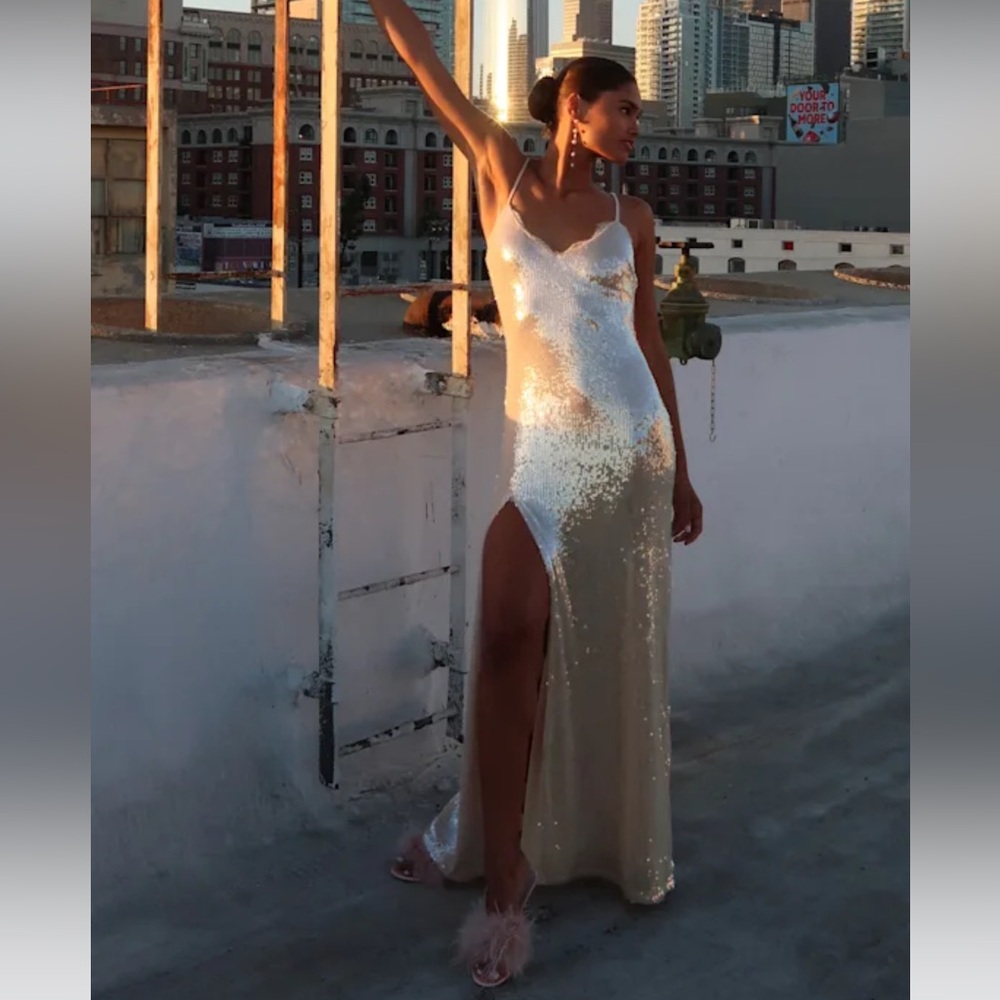champagne sequin lace trim maxi dress